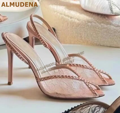ALMUDENA Lace Flowers Mesh Crystal Sandals Stiletto Heel Pointed Toe Bling Bling Rhinestone Slingback Wedding Shoes Floral Pumps