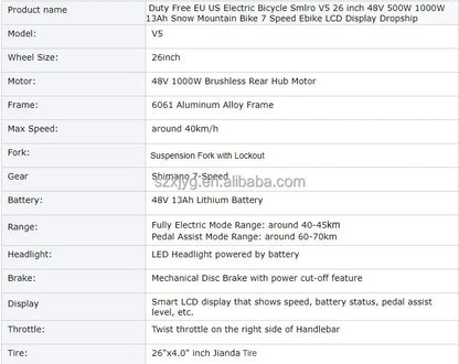 Electric Bicycle Smlro 26 Inch 48V 500W 1000W 13Ah Snow Bike 7 Speed Ebike 2022 New Drop Shipping E Road Electric Bike