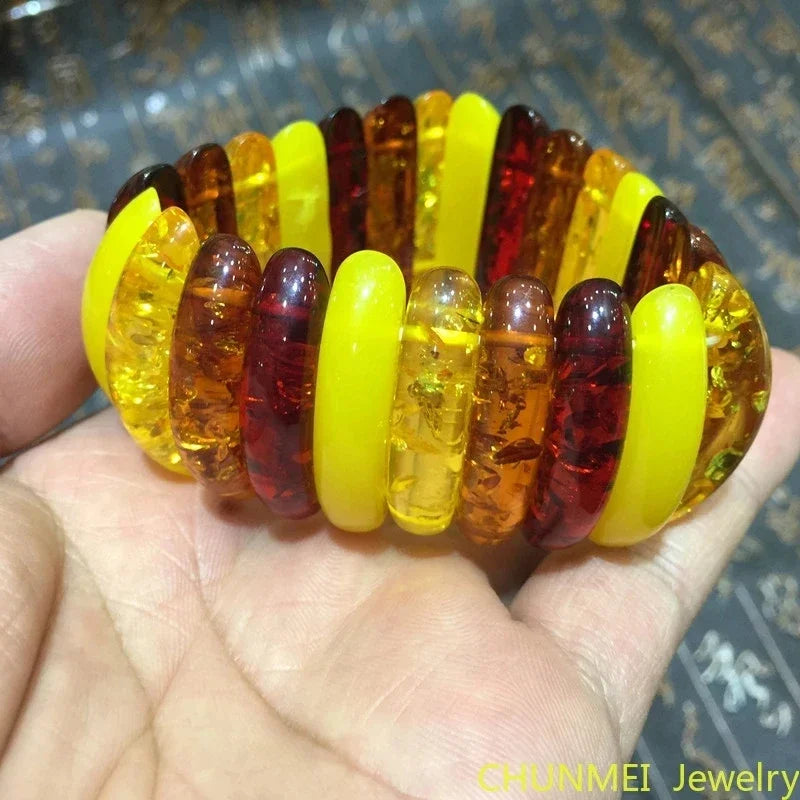 Natural Amber Colorful Bracelet Women Men Colored Honey Wax Baltic Ambers Elastic Beaded Amulet Bracelets Girlfriend Mom Gifts