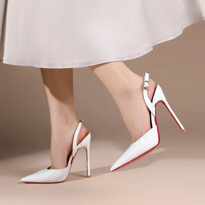 White patent leather toe back empty strap sandals for women, pointed thin heels, shallow mouth, high heels, single shoes