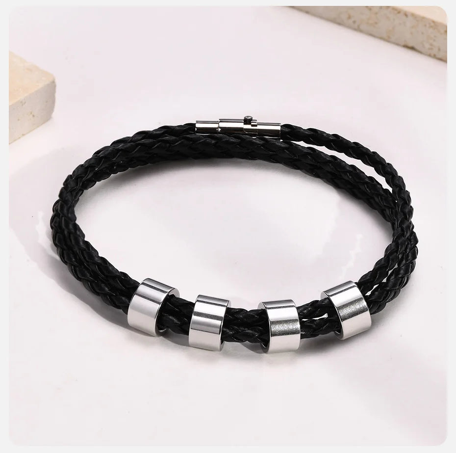 Vnox Free Custom Name Mens Braided Genuine Leather Bracelet Gifts Jewelry,Stainless Steel Beads Charm with Family Names,Dad Gift