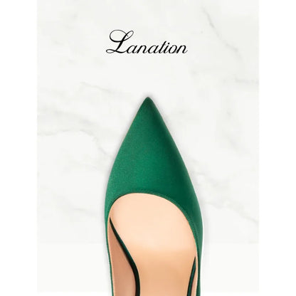 2025 Winter New High-heeled Shoes for Women, Green, Real Silk Satin, Thin Heel, Pointed Toe,Elegant,12cm,Single Shoes for Ladies