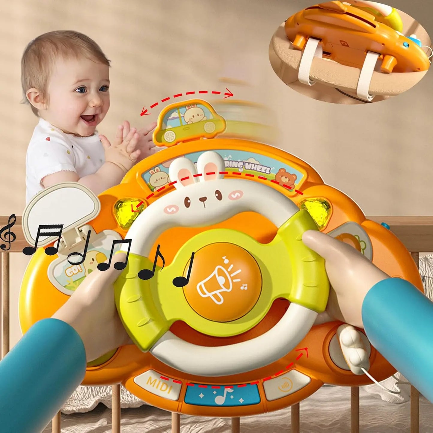 Baby Electric Steering Wheel Toy, Cartoon Bunny Design, Fun Driving Simulation, Perfect for Early Learning
