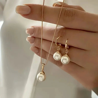 New Round Pearl Jewelry Set Of Earring Pendant Necklace For Women Exquisite Fashion Wedding Jewelry Set Gift