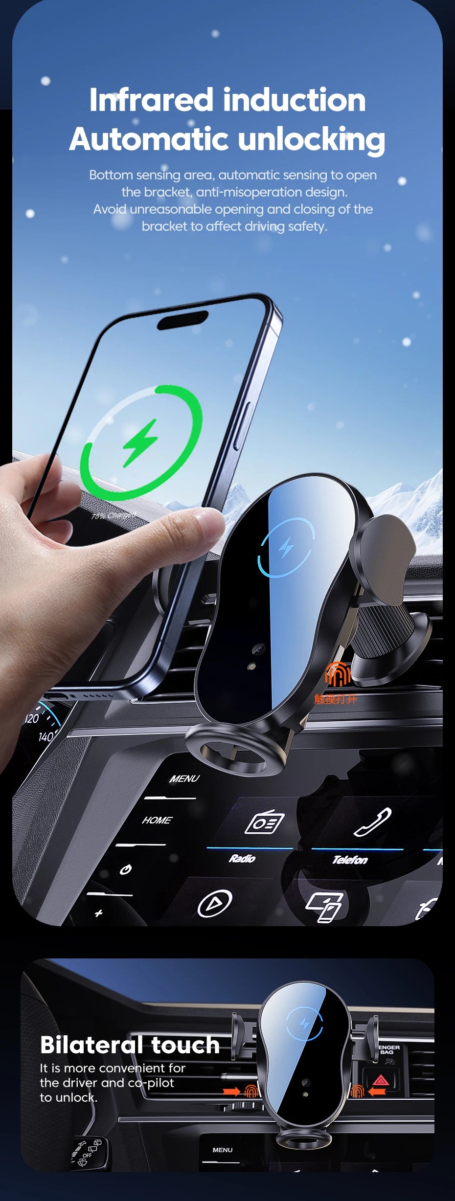 Wireless 15W Car Charger Air Vent Phone Holder 360 Ritation AdjustmentSuper Fast Charging Station for iPhone 16 15 14 13 12