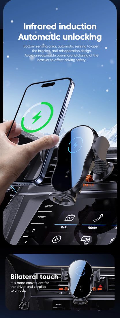 Wireless 15W Car Charger Air Vent Phone Holder 360 Ritation AdjustmentSuper Fast Charging Station for iPhone 16 15 14 13 12