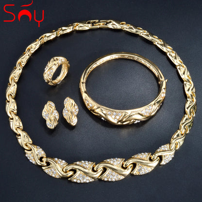 Dubai 18K Gold Plated Jewelry Set Women Luxurious Necklace Earrings Bracelet Ring 4pcs Bride Wedding Party Jewelry Set Gift