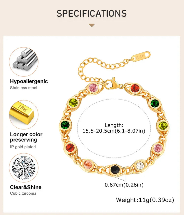Colorful Zircon Bracelet for Women, 18k Gold Plated Birthstone Bangle, Waterproof Chain Jewelry