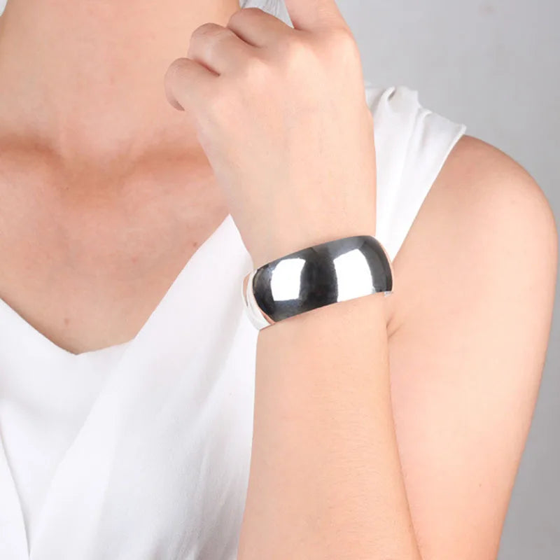 Simple Glossy Talisman 925 Silver Bracelet Women's Ethnic Style Fashion Wide Bracelet Open Stacked Jewelry