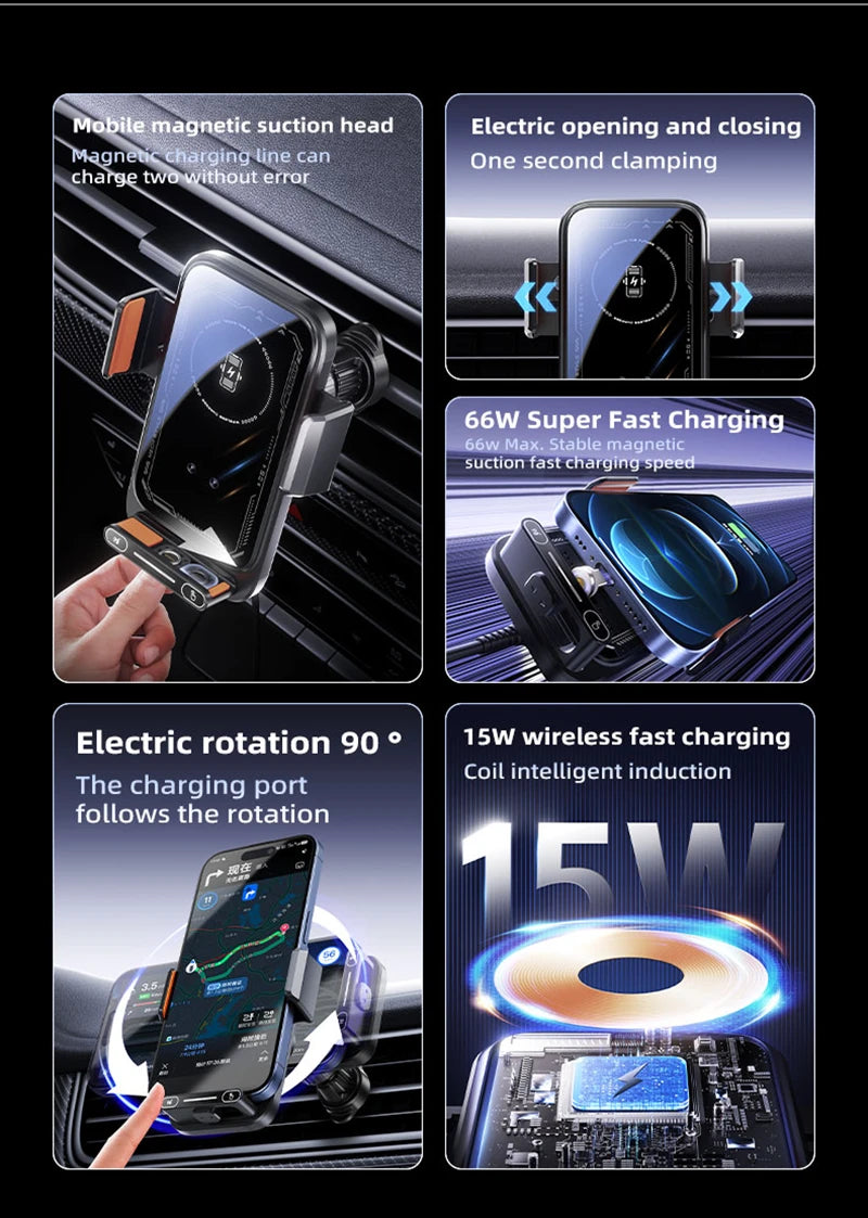 Car Phone Charger Phone Holder 66W Wireless & Wired Charger Auto Sensing One-Touch Release and Rotation Qi FCC ROHS Certified