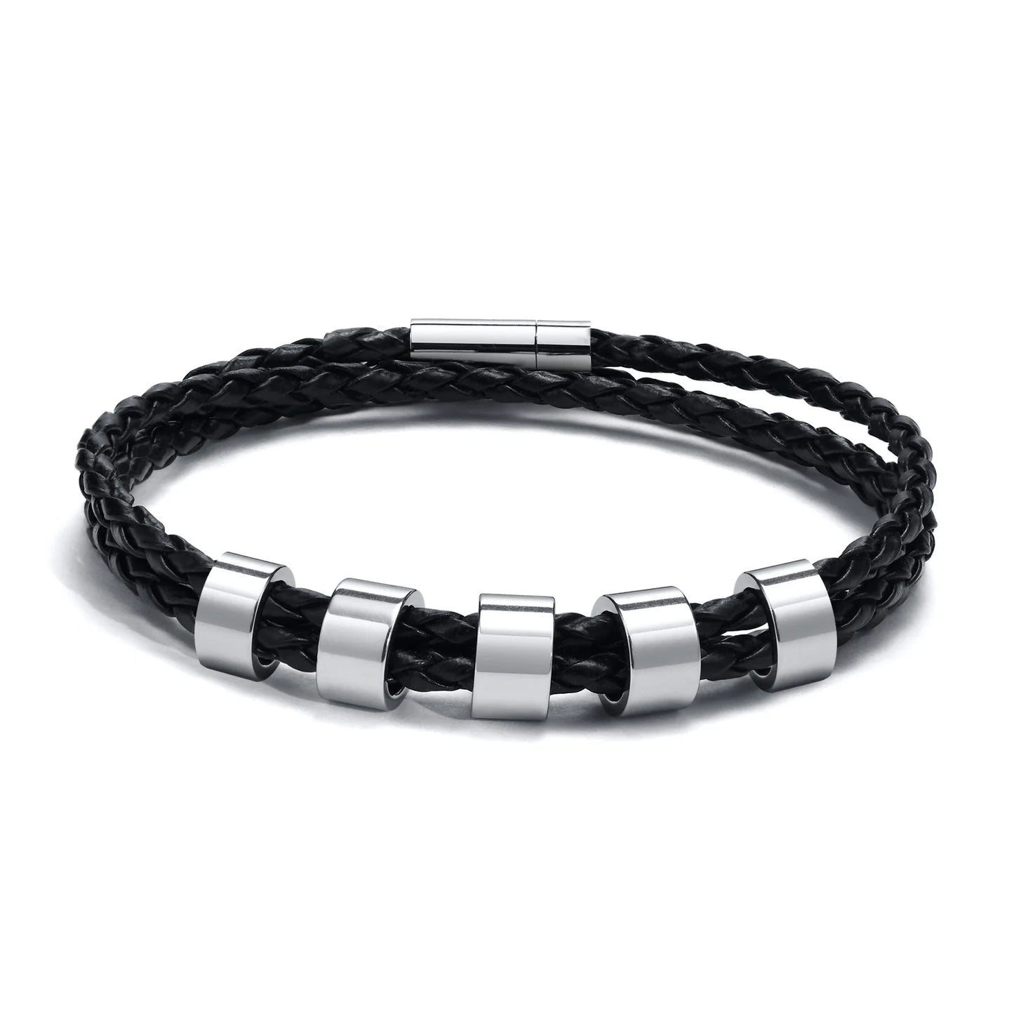 Vnox Free Custom Name Mens Braided Genuine Leather Bracelet Gifts Jewelry,Stainless Steel Beads Charm with Family Names,Dad Gift