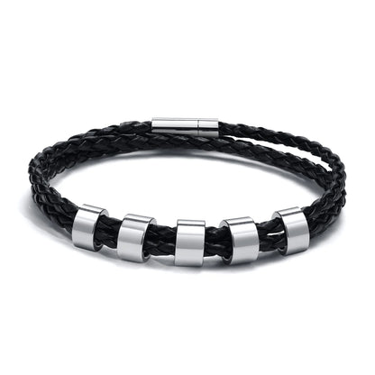Vnox Free Custom Name Mens Braided Genuine Leather Bracelet Gifts Jewelry,Stainless Steel Beads Charm with Family Names,Dad Gift