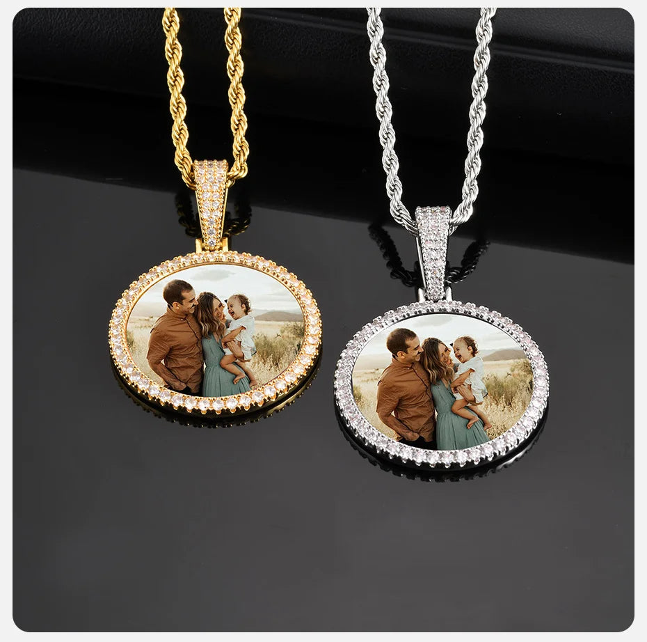 Vnox Free Custom Round Photo Frame Necklaces Gift for Women Men,Big Coin Pendant Zircon Stone Circle,Family Picture Gift to Dad