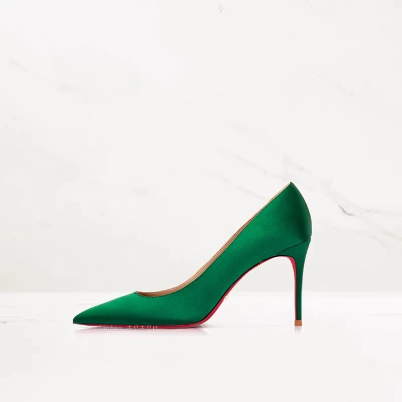 2025 Winter New High-heeled Shoes for Women, Green, Real Silk Satin, Thin Heel, Pointed Toe,Elegant,12cm,Single Shoes for Ladies
