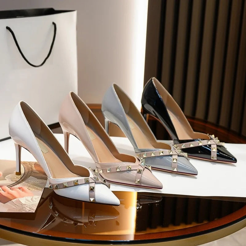 Metal Rivet Corss Tied High Heel Pumps Pointed Toe Thick Heel Matte Leather New Arrivals Fashion Women Modern Shoes