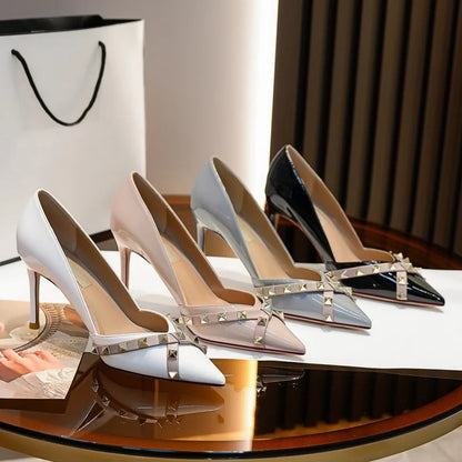 Metal Rivet Corss Tied High Heel Pumps Pointed Toe Thick Heel Matte Leather New Arrivals Fashion Women Modern Shoes