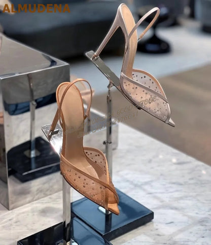 ALMUDENA Lace Flowers Mesh Crystal Sandals Stiletto Heel Pointed Toe Bling Bling Rhinestone Slingback Wedding Shoes Floral Pumps