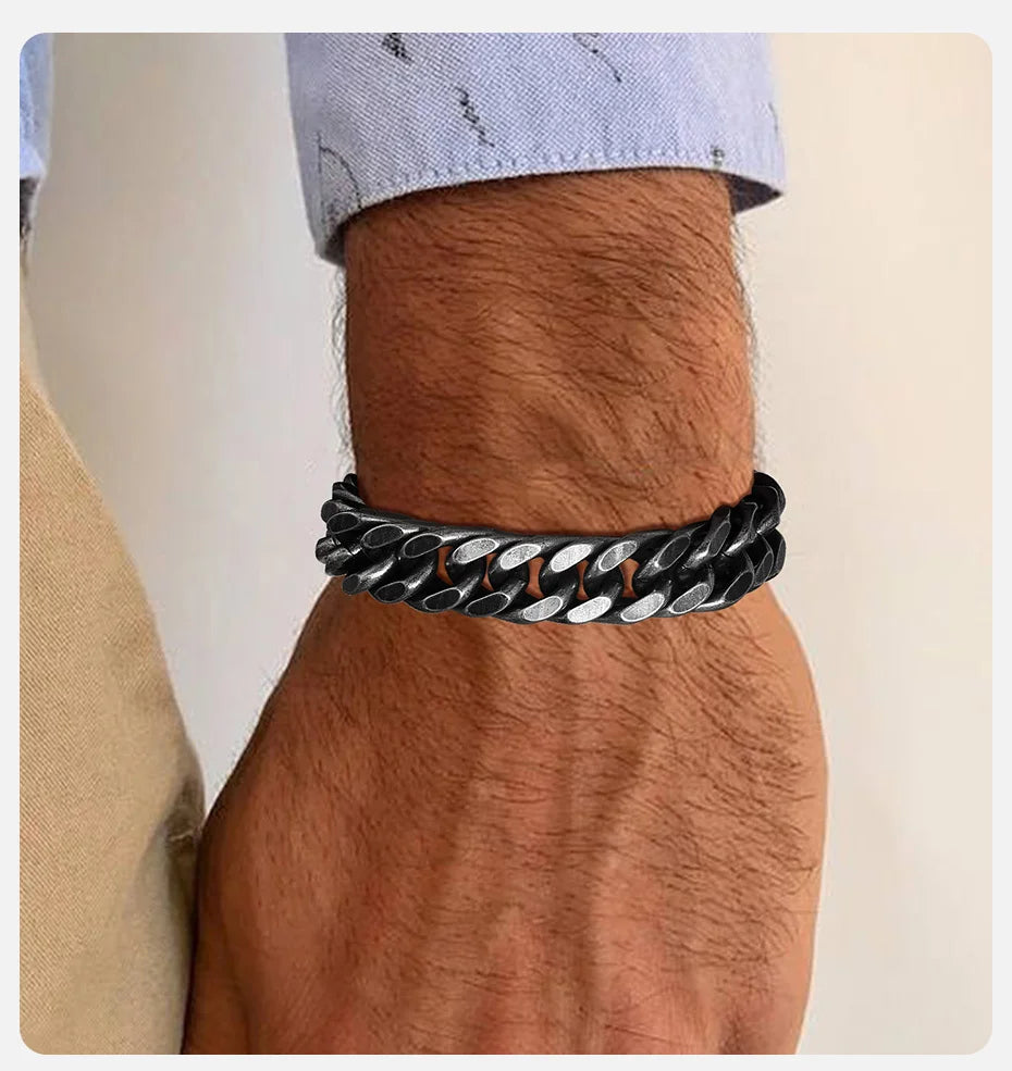 Vnox 8mm/12mm Bold Heavy Stainless Steel Cuban Bracelets for Men Boys,Oxidized Metal Wristband,Punk Rock Chain Bracelet Jewelry