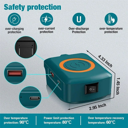 Wireless Charger Adapter for Dewalt 20V Battery,15W Max Wireless Charging Adapter with Type C &USB 2.1A Fast Charge Ports