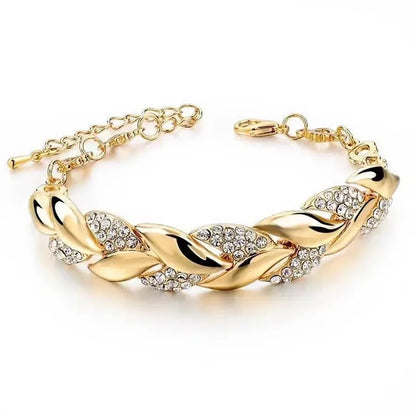 Luxury Braided Leaf Bracelet with Crystal Charm - Elegant Gift for Women | Wedding, Anniversary & Valentine's Day Jewelry