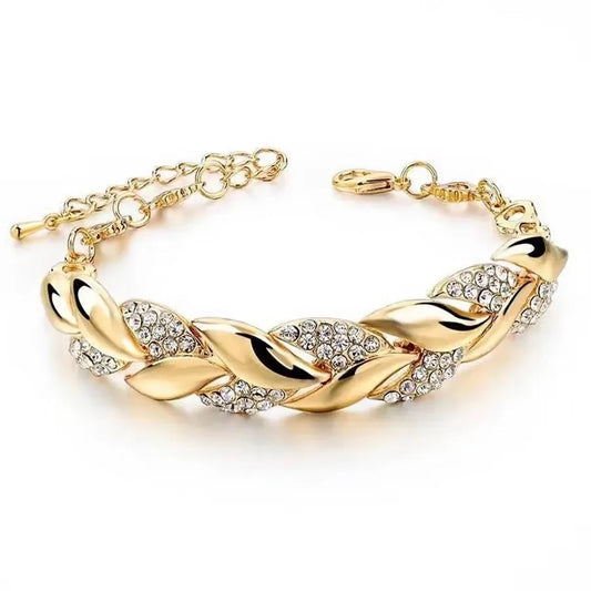 Luxury Braided Leaf Bracelet with Crystal Charm - Elegant Gift for Women | Wedding, Anniversary & Valentine's Day Jewelry