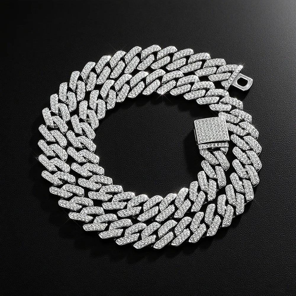 Fashion Hip Hop Square 14MM Cuban Link Necklace Men Gold Color Women Rhinestone Iced Out Cuban Chain Punk Jewelry Necklaces Gift