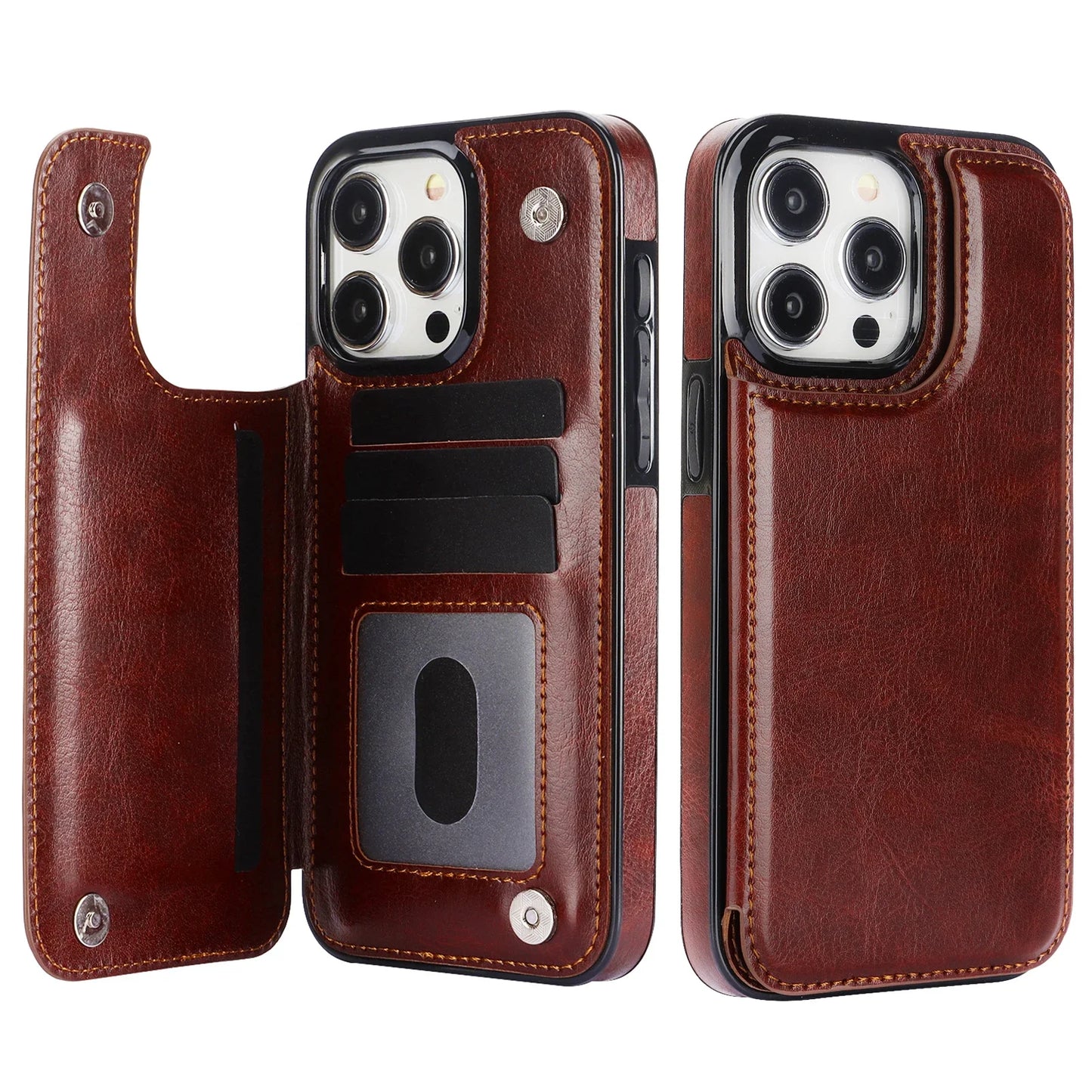Wallet Double Button With Card Slot Stand Flip Leather Case For iPhone 16e 16 Pro Max 15 Plus 14 13 12 Mini 11 SE3 SE2 X XR 8 7