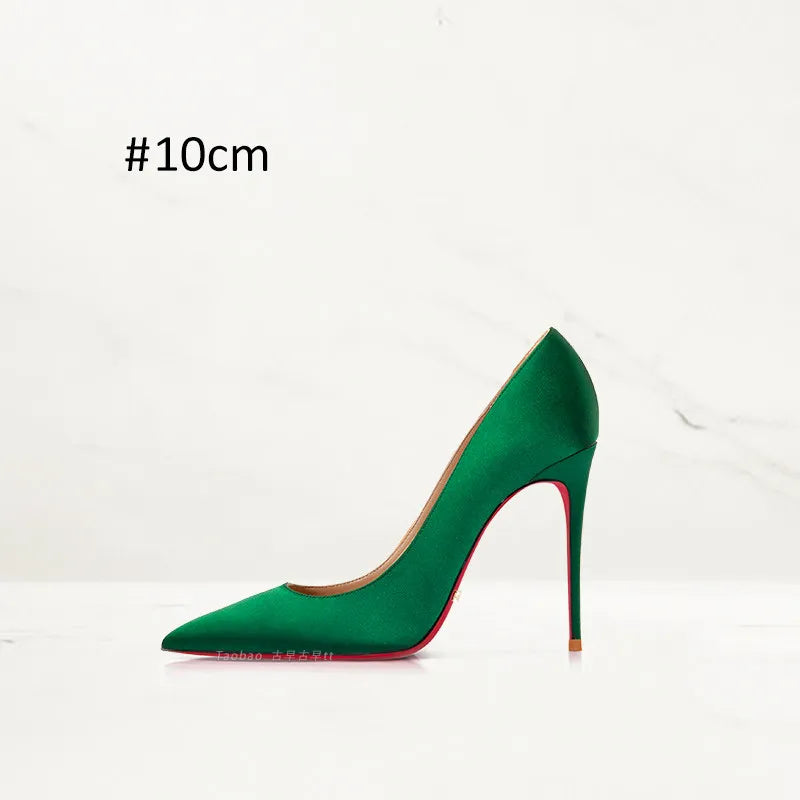 2025 Winter New High-heeled Shoes for Women, Green, Real Silk Satin, Thin Heel, Pointed Toe,Elegant,12cm,Single Shoes for Ladies