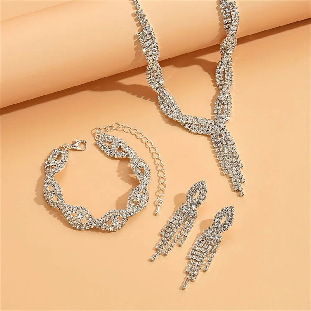 Elegant Women's Jewelry Set Rhinestone Tassel V-Necklace Earrings Zircon Bracelet Bridal Wedding Accessories Party Gift