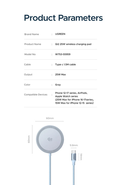 UGREEN Magflow Qi2 25W Wireless Charger For iPhone 17 16 Pro Max Fast Charging Qi2 Certified Magsafe Phone Charging Pad