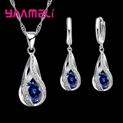 Hot Water Drop CZ 925 Sterling Silver Plated Jewelry Set For Women Pendant Necklace Hoop Earrings Wedding Party Ceremoey Anel