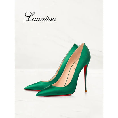 2025 Winter New High-heeled Shoes for Women, Green, Real Silk Satin, Thin Heel, Pointed Toe,Elegant,12cm,Single Shoes for Ladies