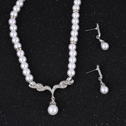 Elegant Necklace Earrings Women Fashion Jewelry Set Faux Pearl Bridal Wedding Alloy Party Studs Necklace Earrings Set