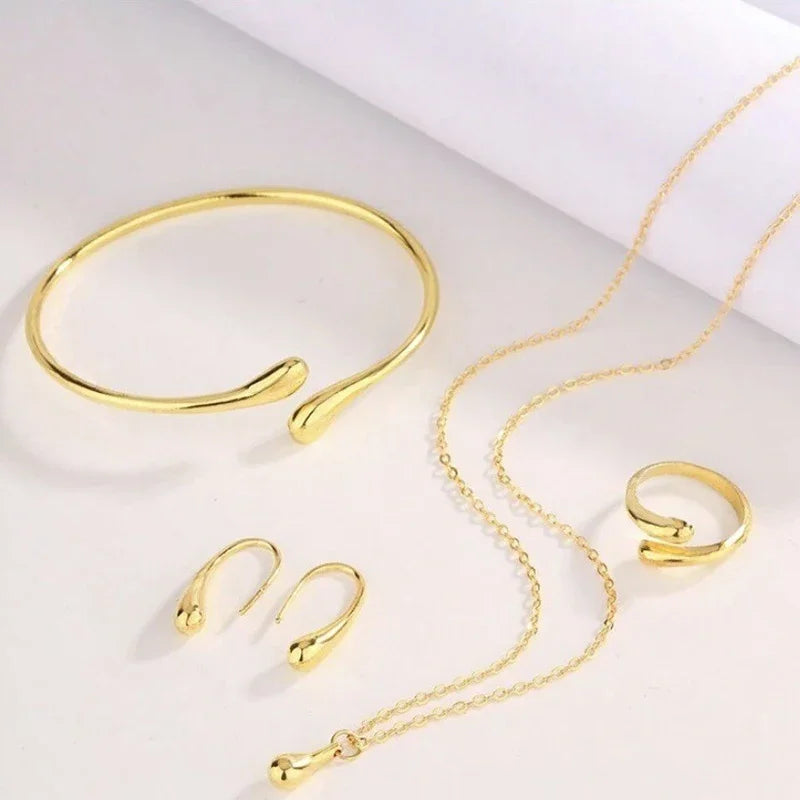 Ladies' Fashion Tear Bead Jewelry Set Gold Ring Necklace Bracelet Earring Four Piece Set Suitable For Engagement Jewelry Gifts