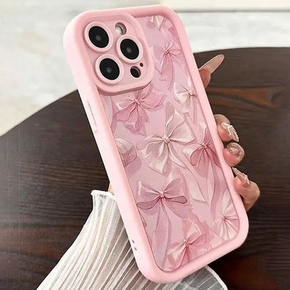 Pink Bow Pattern Silicone Phone Case For iPhone 16 17 Pro Max 15 14 13 12 11 Pro Max 16E X XS XR 7 8 Plus Butterfly Charm Cover
