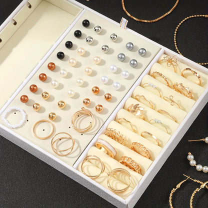 92Pcs Women's Fashion Jewelry Set Contain Hoop Earrings、Stud Earrings、Bracelet、Necklace and Ring，Versatile Daily Jewelry