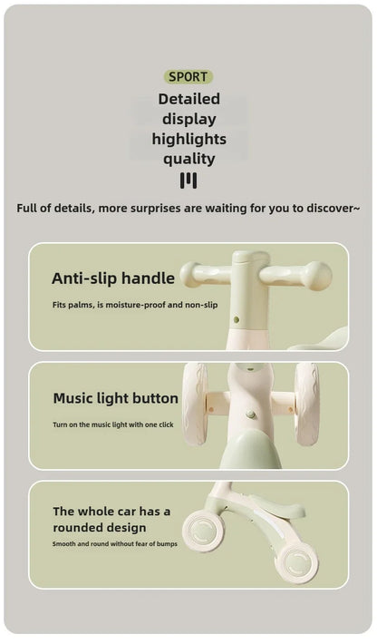 Anti-Tip Baby Balance Bike Ages 1-3 4-Wheel Silent Glider Walker Toy Toddler Training Ride-On with Safety Wheels Indoor Outdoor