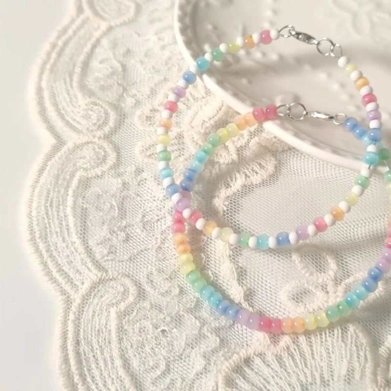 Fresh and Sweet Rainbow Colored Bead Bracelet with Cat's Eye and Rice Bead Design Niche and Versatile Bracelet Accessory Браслет