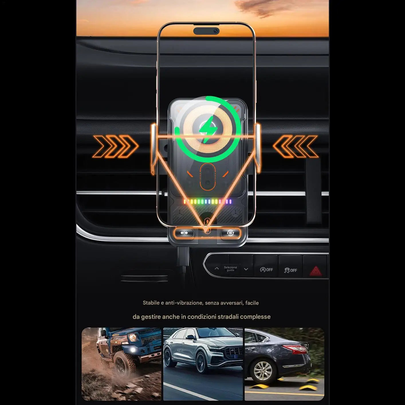 Car Air Vent Electric Rotating Opening Closing Phone Holder Fast Charging 15W Wireless Charger Dua l Coil RGB Light Smart Phones
