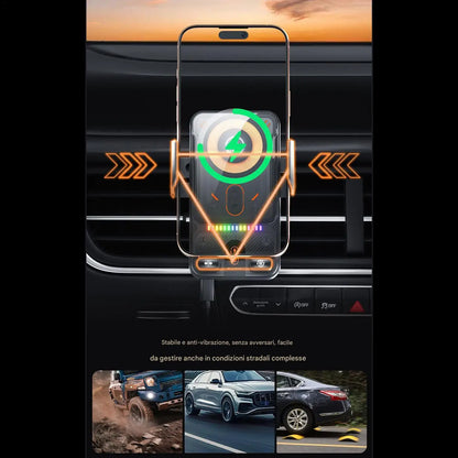 Car Air Vent Electric Rotating Opening Closing Phone Holder Fast Charging 15W Wireless Charger Dua l Coil RGB Light Smart Phones