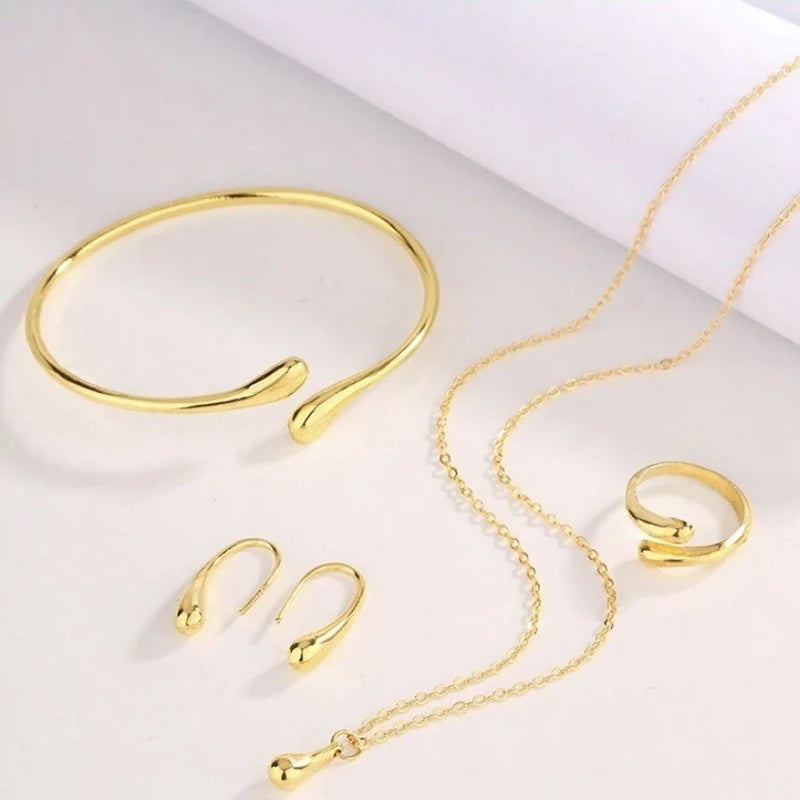Ladies' Fashion Tear Bead Jewelry Set Gold Ring Necklace Bracelet Earring Four Piece Set Suitable For Engagement Jewelry Gifts