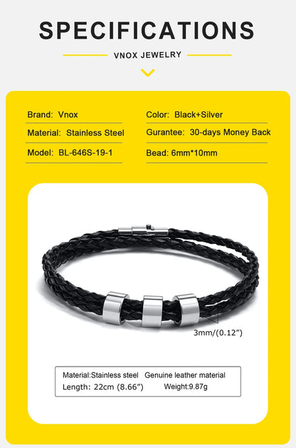 Vnox Free Custom Name Mens Braided Genuine Leather Bracelet Gifts Jewelry,Stainless Steel Beads Charm with Family Names,Dad Gift