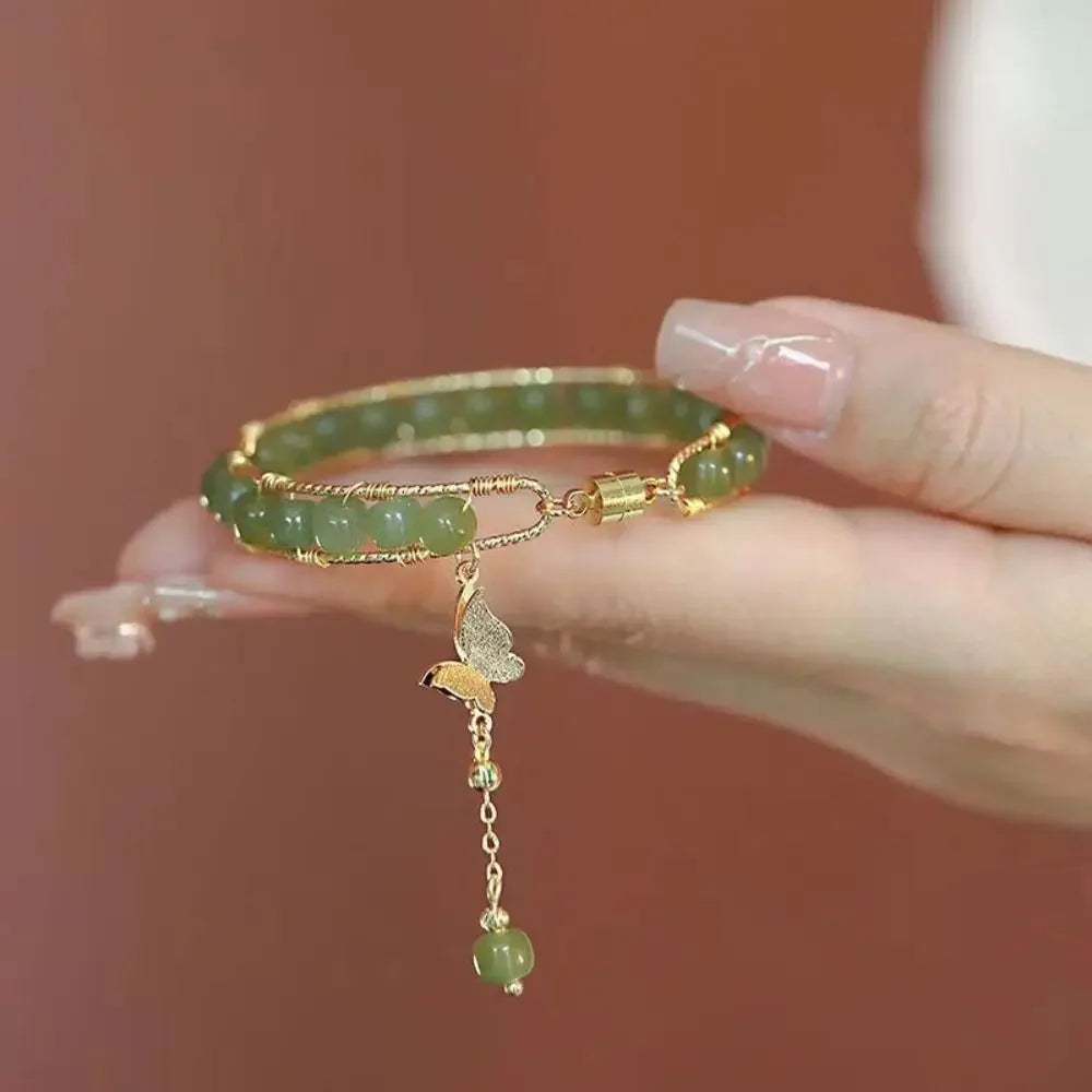 Round Jade Beaded Bracelet For Women Magnetic Bangle Butterfly Pendant Hand Chain Girls Exquisite Emerald Jewelry Birthday Gift