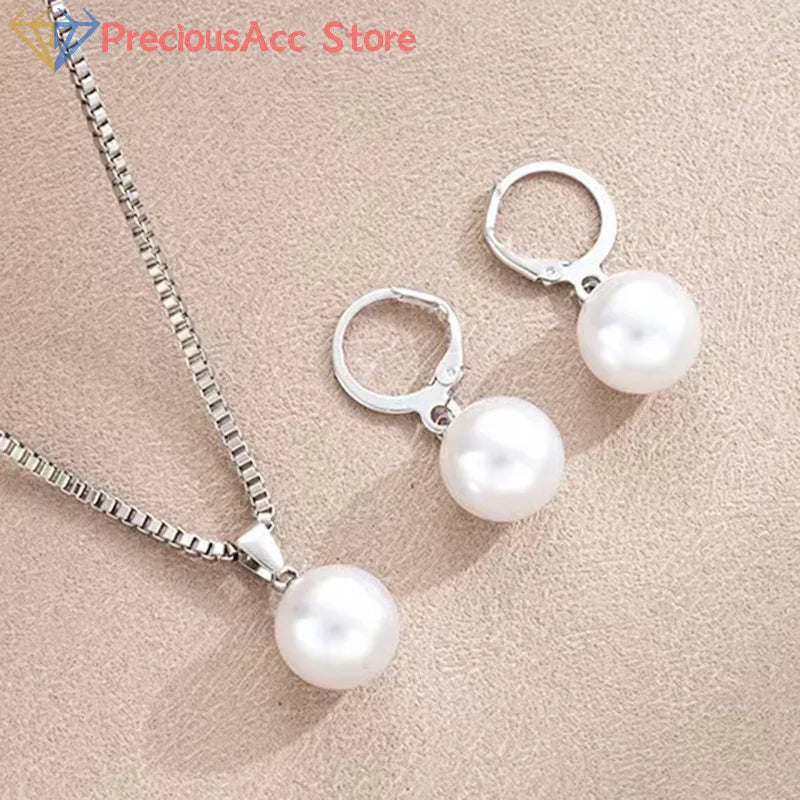 2 Pieces Of Round Pearl Jewelry Set, Earrings, Pendants, Necklaces, Ladies' Exquisite And Fashionable Wedding Jewelry Set,Gifts
