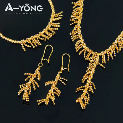 Gold Plated Tassel Wheat Necklace Set 21k Gold Color Saudi Chic Bohemian Choker Italian Women Wedding Party Jewelry