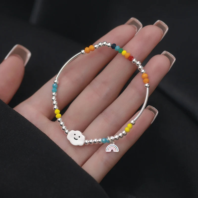 925 Sterling Silver Bracelet Wholesale Colored Hand Beads Smiling Face Rainbow Cloud Love Little Bear Beads Handicraft Gift