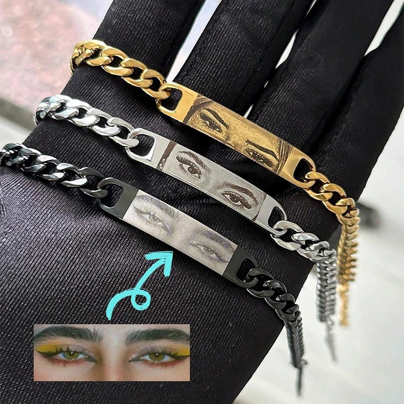 Customized Photo Engraved Couple Bracelet Personalized Laser Engraved Eye Picture On Stainless Steel Chain Jewelry Couples Gifts