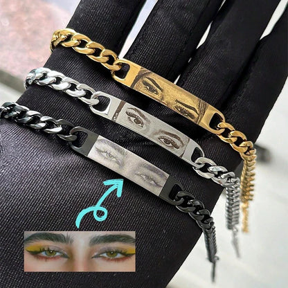 Customized Photo Engraved Couple Bracelet Personalized Laser Engraved Eye Picture On Stainless Steel Chain Jewelry Couples Gifts