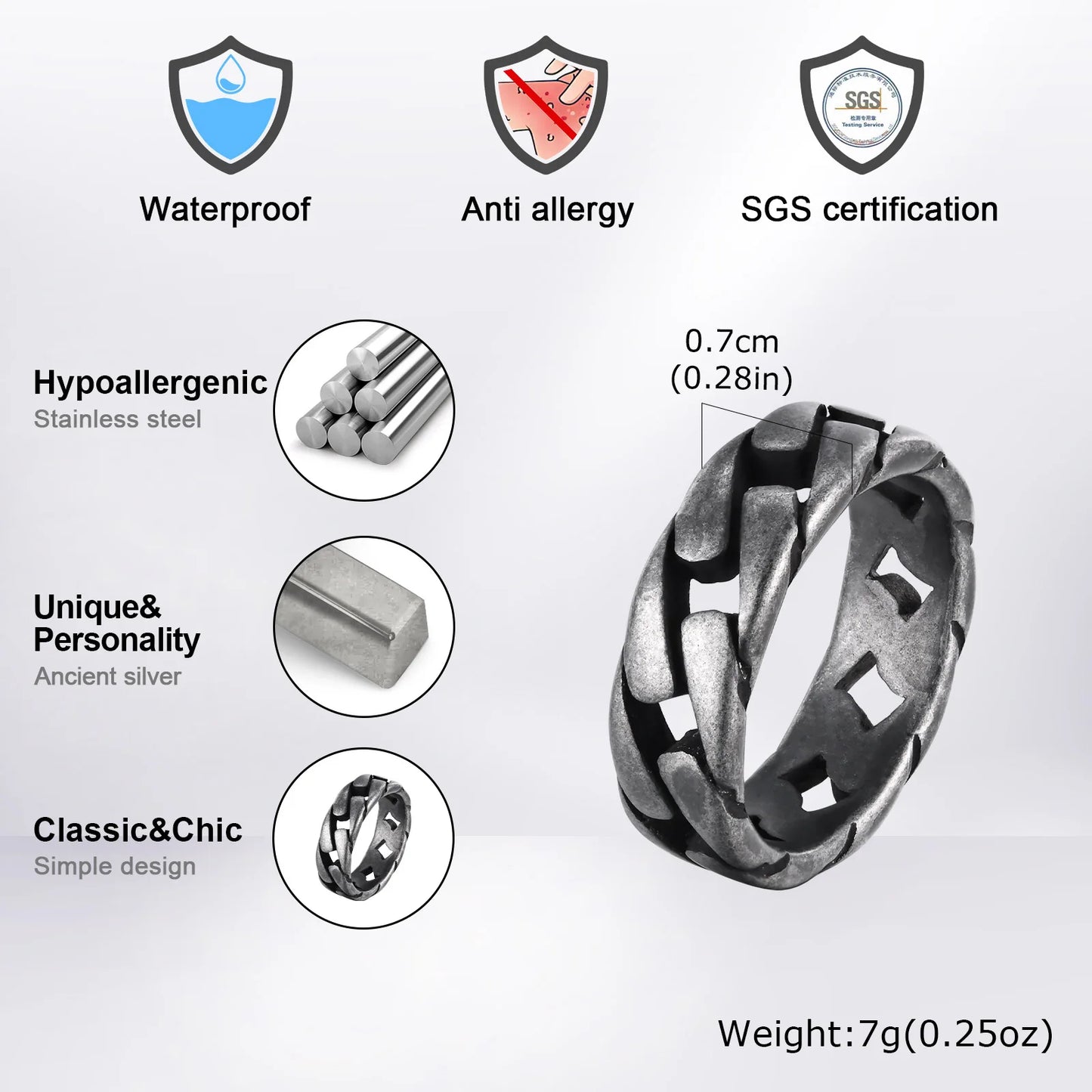 Vnox Men Vintage Oxidized Stainless Steel Rings, Links Shaped Finger Band, Punk Rock Male Alliance