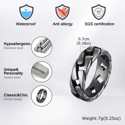 Vnox Men Vintage Oxidized Stainless Steel Rings, Links Shaped Finger Band, Punk Rock Male Alliance